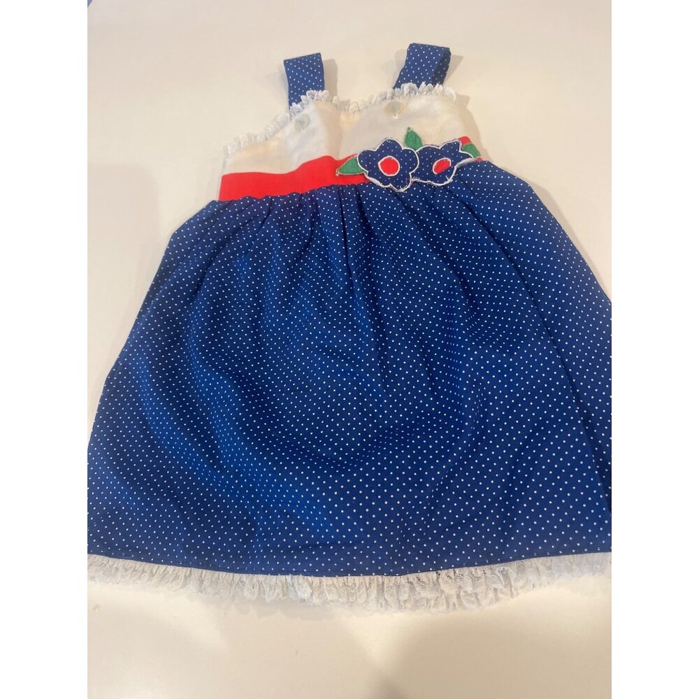 Vintage Cradle Togs Baby Dress Blue Polka Dot With Floral Accent & Lace Trim Siz